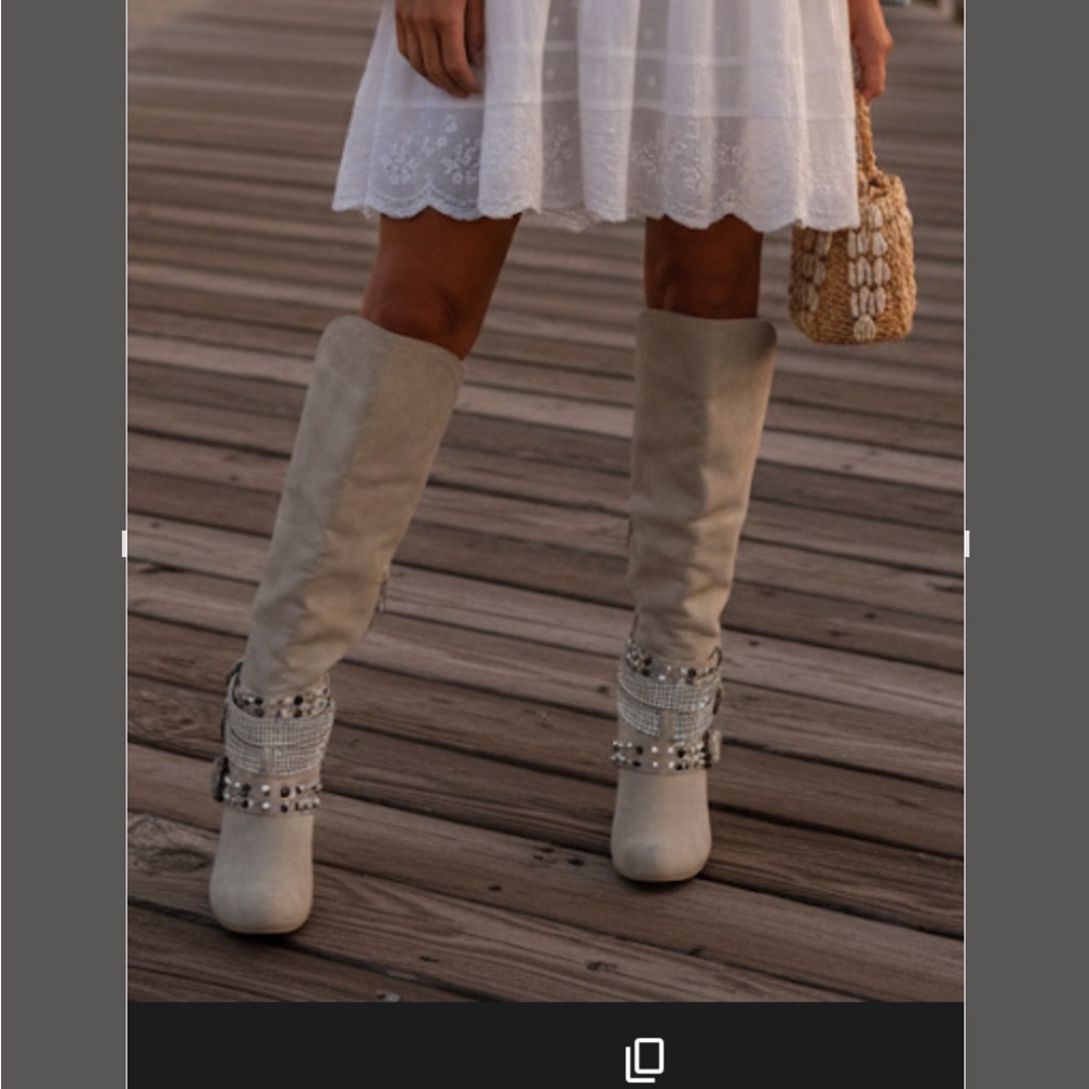 Beige Heeled Boots with Studded Accents - Size 6, Urban Cowgirl, Boho,
